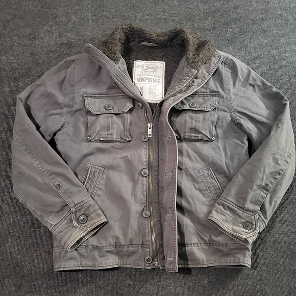 Aeropostale Sherpa Lined Field Jacket Men's Medium Gray Cotton Zip Button - Picture 1 of 8